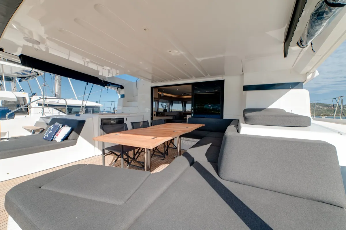 Deck of Chilli, a Lagoon 55 catamaran at Olbia, Italy