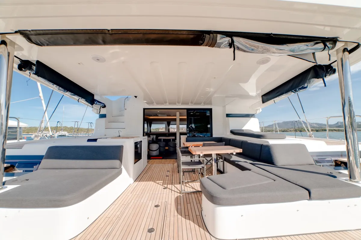 Deck of Chilli, a Lagoon 55 catamaran at Olbia, Italy