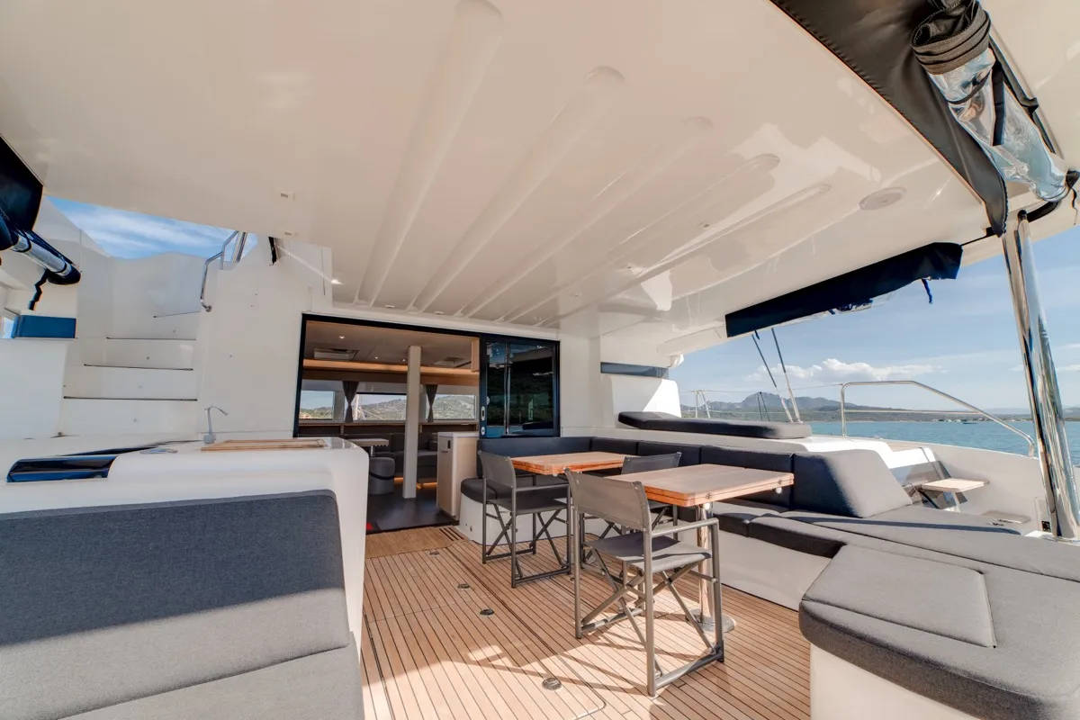 Deck of Chilli, a Lagoon 55 catamaran at Olbia, Italy