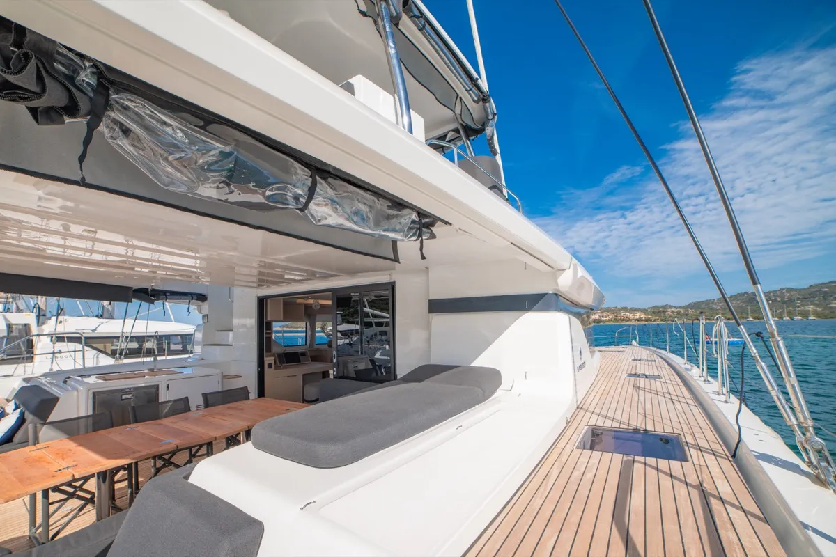 Exterior view of Chilli, a Lagoon 55 catamaran at Olbia, Italy