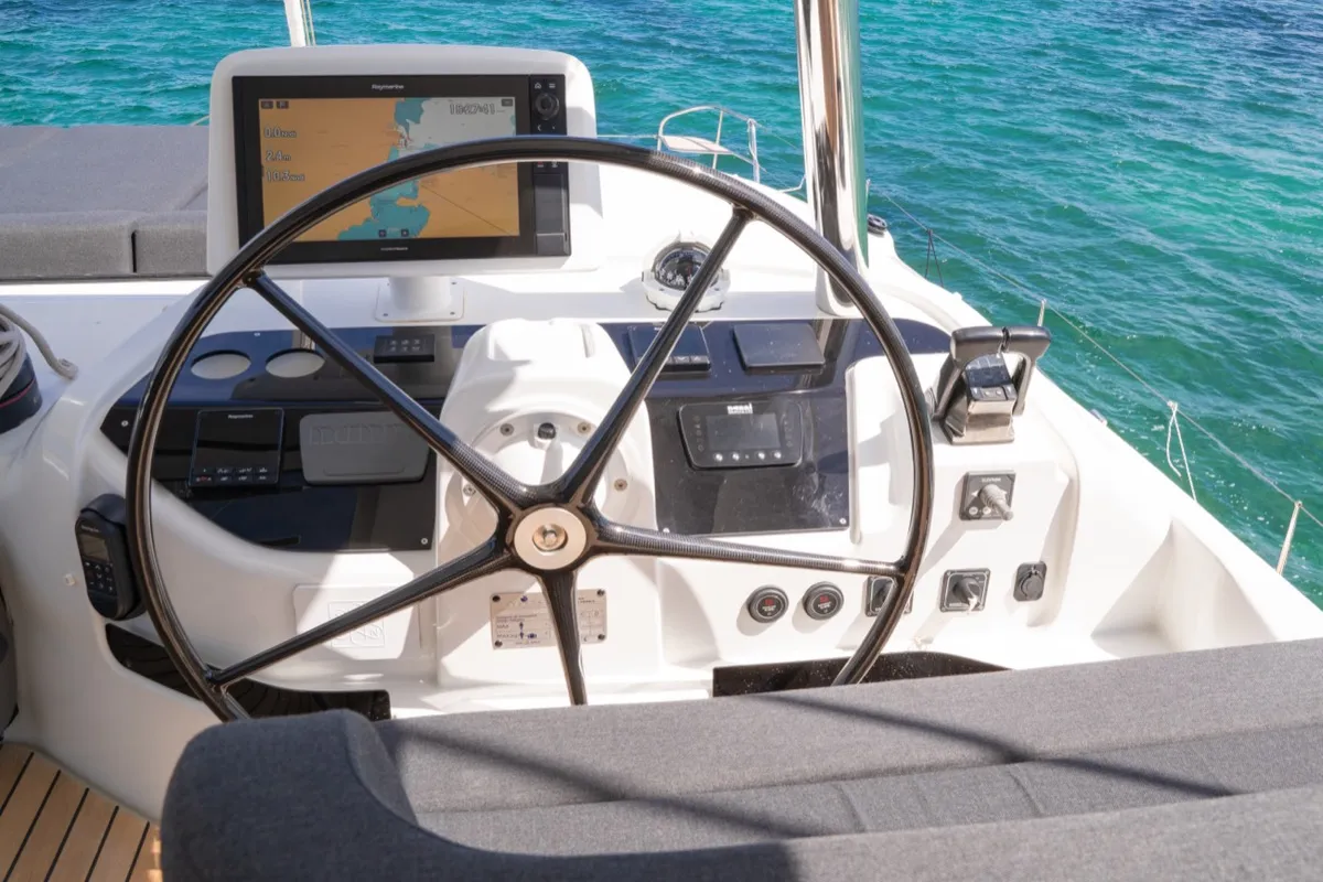 Cockpit of Chilli, a Lagoon 55 catamaran at Olbia, Italy