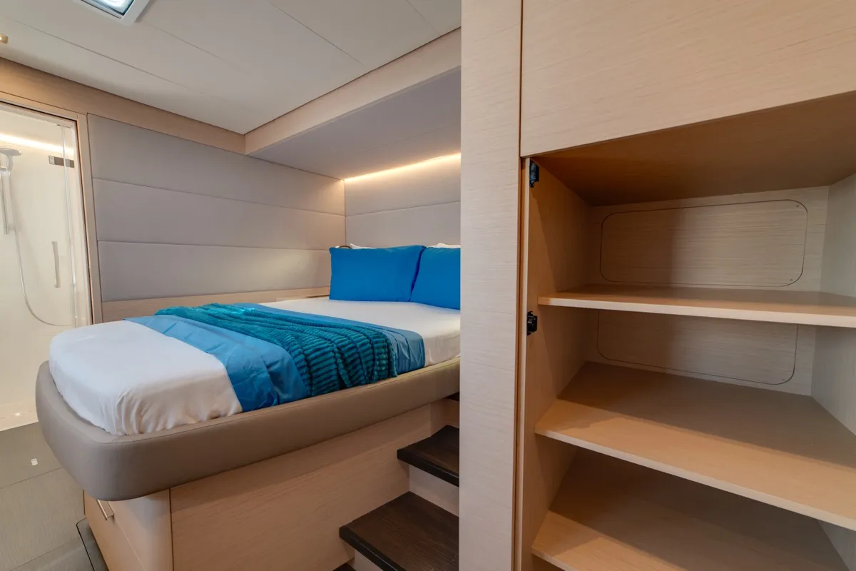 Cabin on Chilli, a Lagoon 55 catamaran at Olbia, Italy