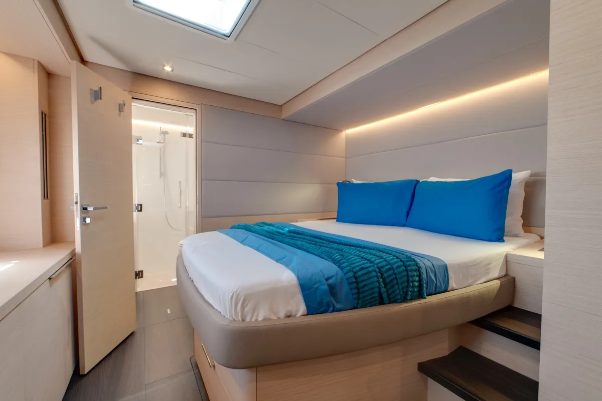 Cabin on Chilli, a Lagoon 55 catamaran at Olbia, Italy