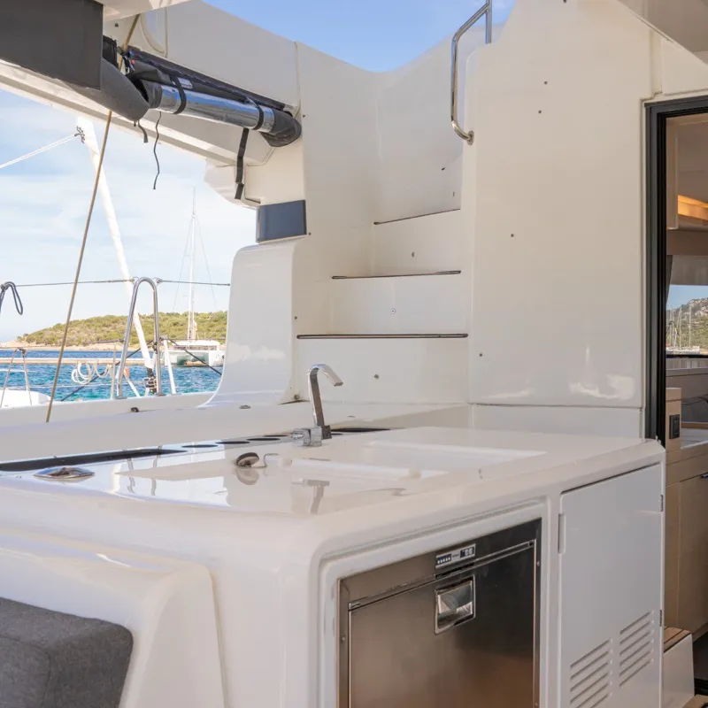 Exterior view of Chilli, a Lagoon 55 catamaran at Olbia, Italy
