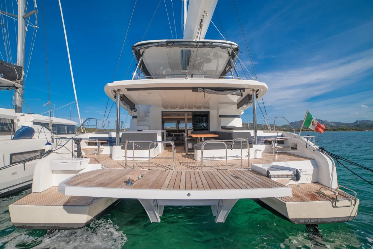 Exterior view of Chilli, a Lagoon 55 catamaran at Olbia, Italy