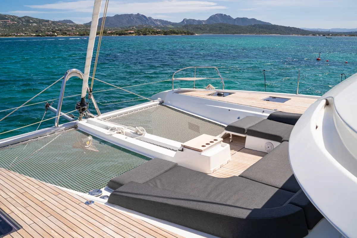 Exterior view of Chilli, a Lagoon 55 catamaran at Olbia, Italy
