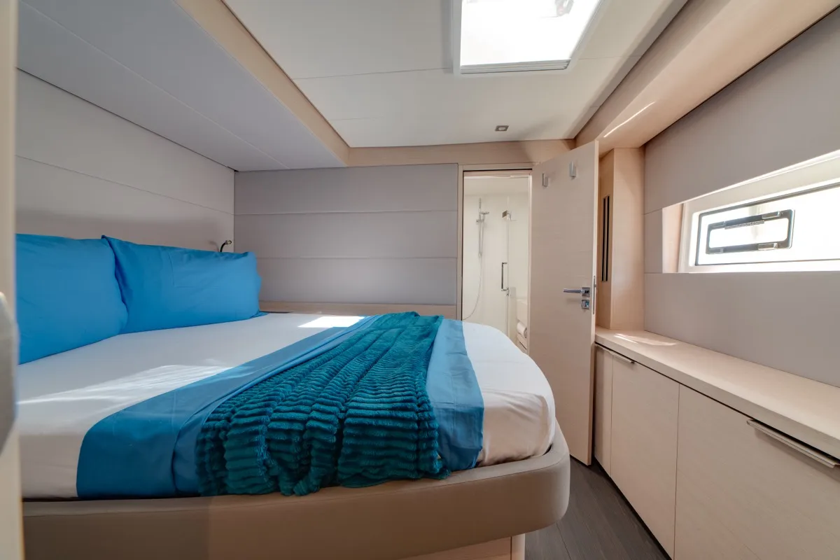 Cabin on Chilli, a Lagoon 55 catamaran at Olbia, Italy
