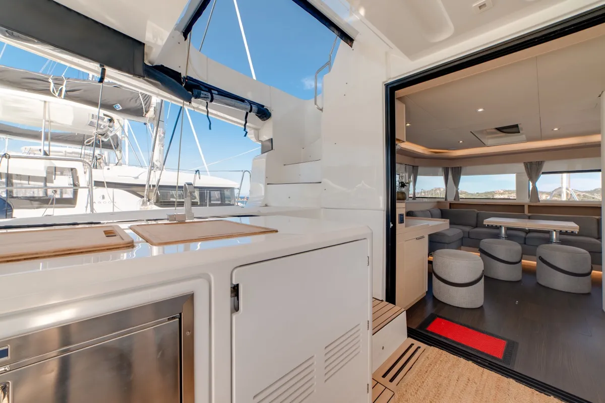 Deck of Chilli, a Lagoon 55 catamaran at Olbia, Italy