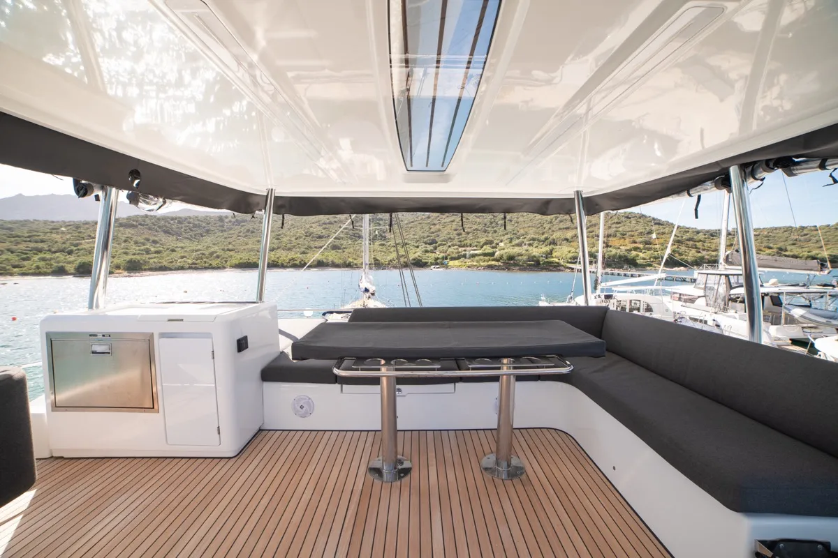 Deck of Chilli, a Lagoon 55 catamaran at Olbia, Italy