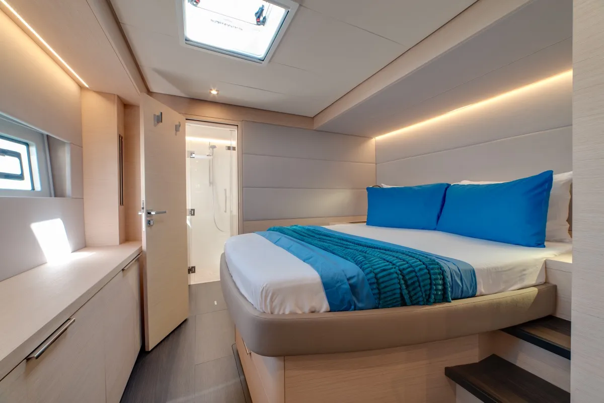 Cabin on Chilli, a Lagoon 55 catamaran at Olbia, Italy