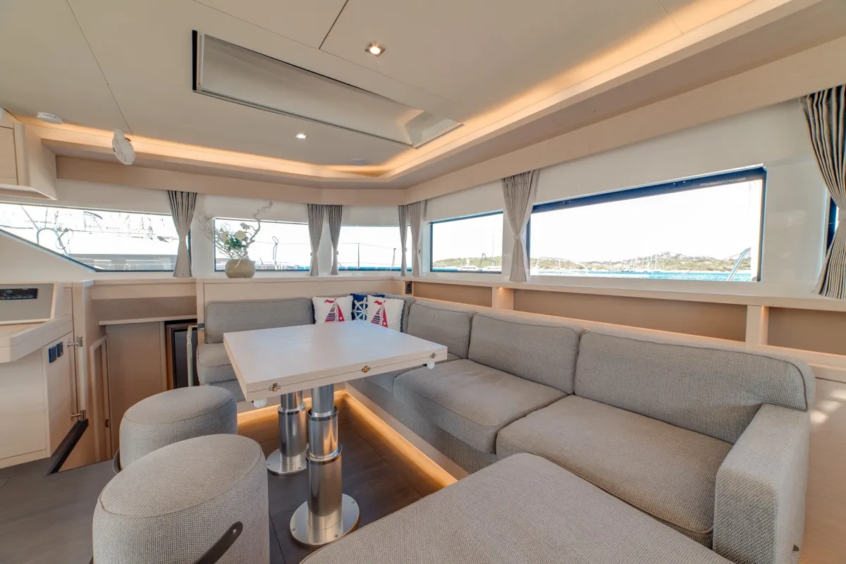 Salon of Chilli, a Lagoon 55 catamaran at Olbia, Italy