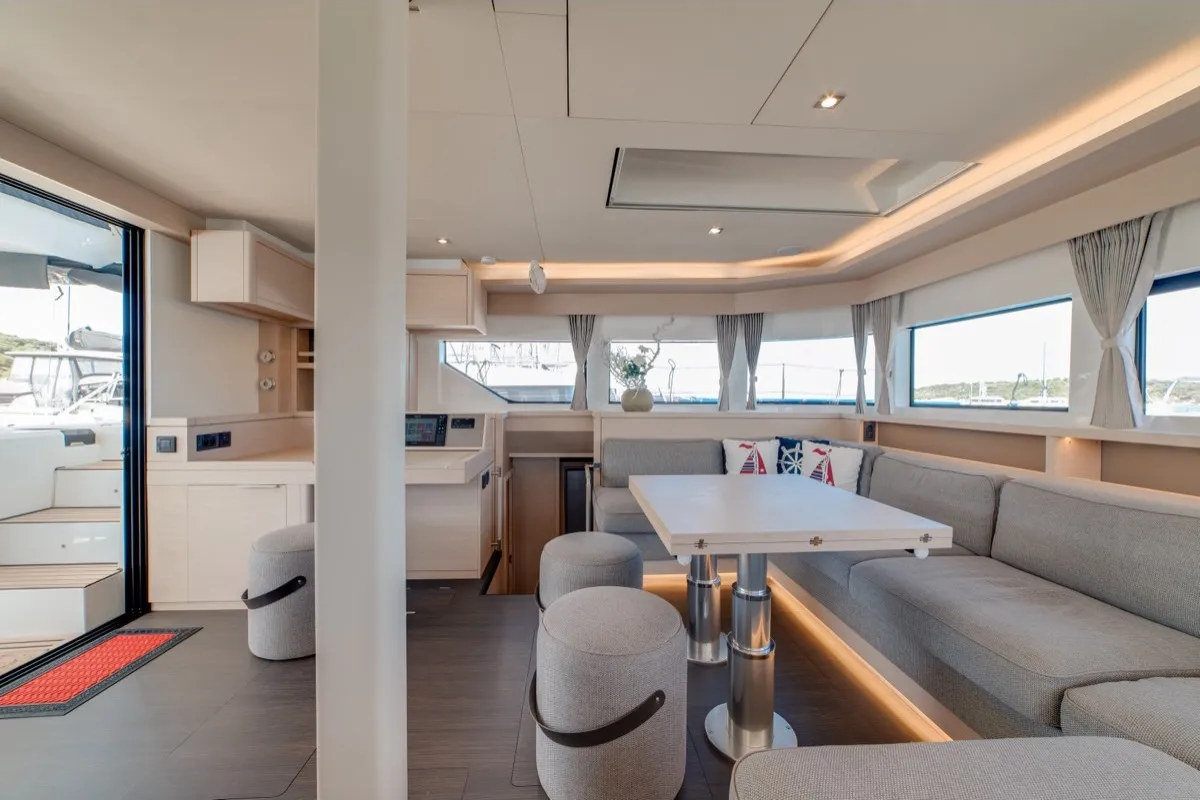 Salon of Chilli, a Lagoon 55 catamaran at Olbia, Italy