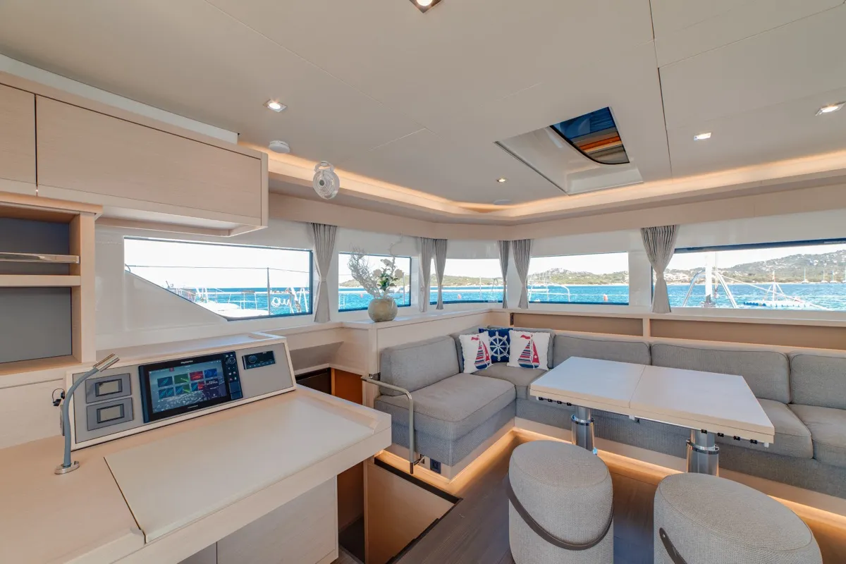Salon of Chilli, a Lagoon 55 catamaran at Olbia, Italy