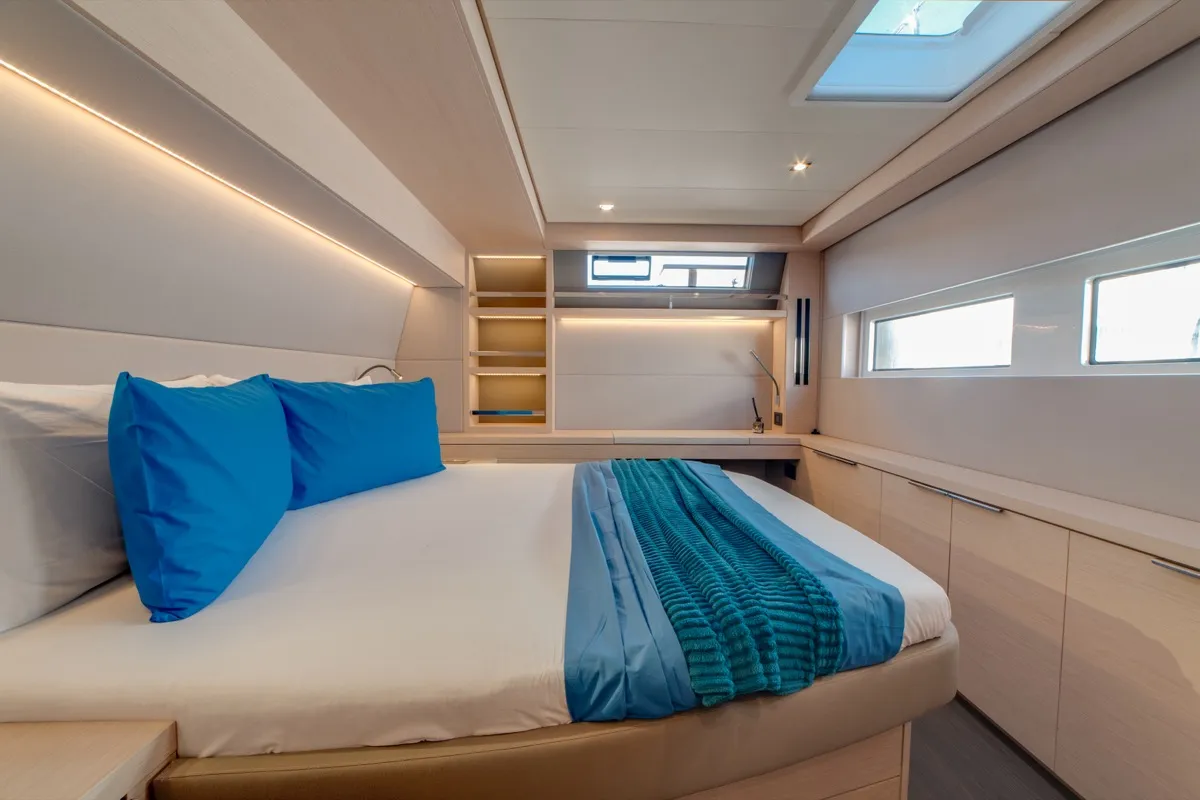 Cabin on Chilli, a Lagoon 55 catamaran at Olbia, Italy