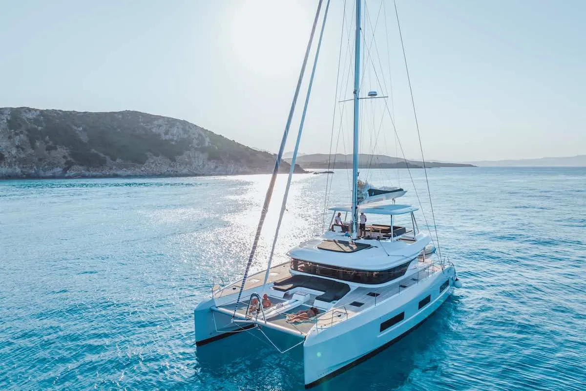 Exterior view of Chilli, a Lagoon 55 catamaran at Olbia, Italy