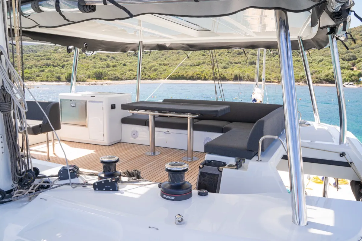 Deck of Chilli, a Lagoon 55 catamaran at Olbia, Italy
