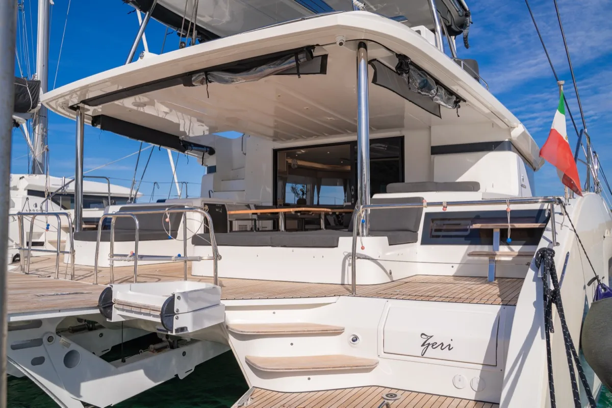 Exterior view of Chilli, a Lagoon 55 catamaran at Olbia, Italy