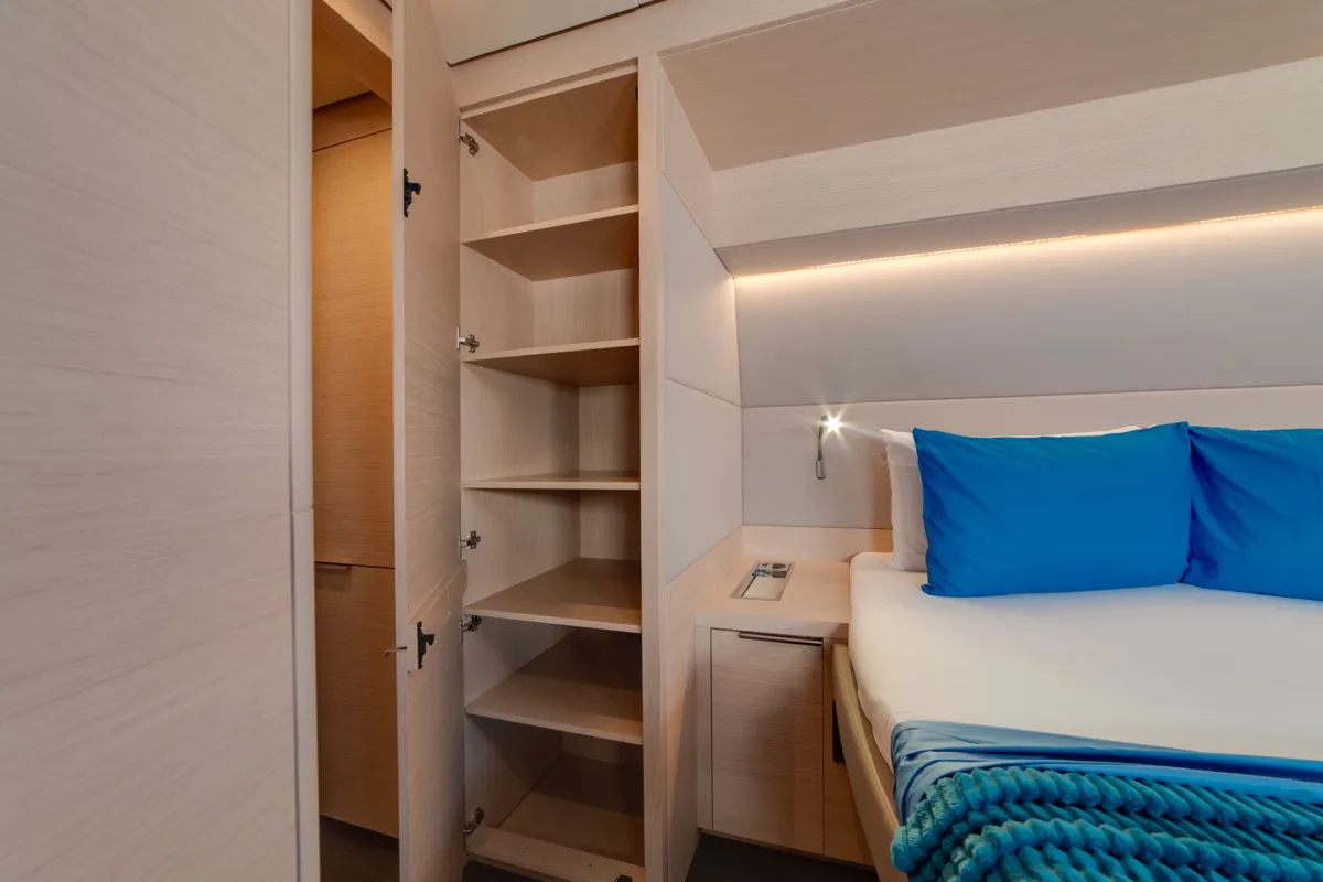 Cabin on Chilli, a Lagoon 55 catamaran at Olbia, Italy