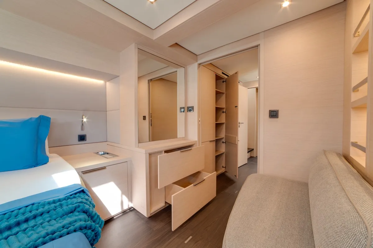 Cabin on Chilli, a Lagoon 55 catamaran at Olbia, Italy