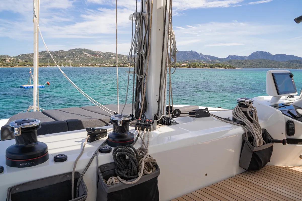 Cockpit of Chilli, a Lagoon 55 catamaran at Olbia, Italy