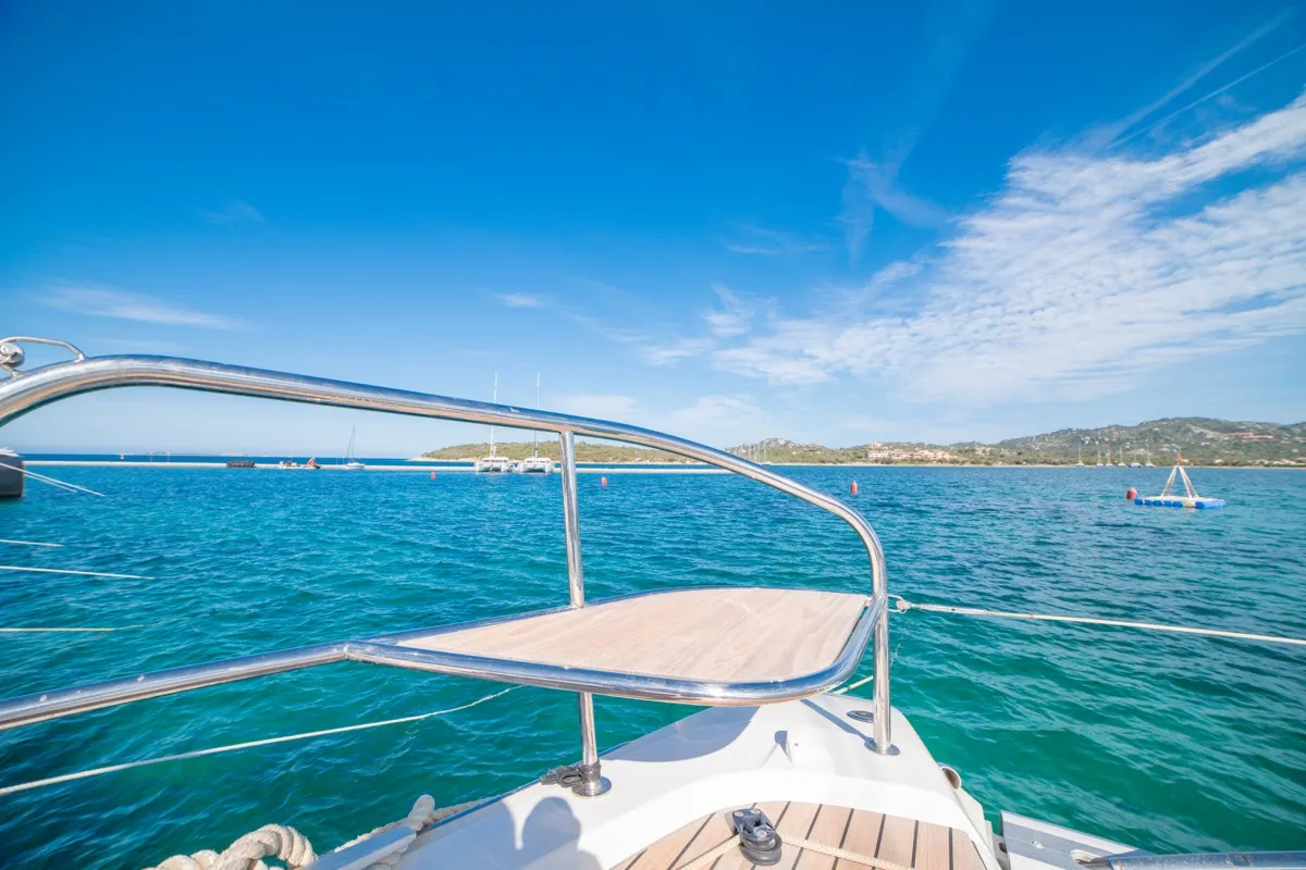 Exterior view of Chilli, a Lagoon 55 catamaran at Olbia, Italy