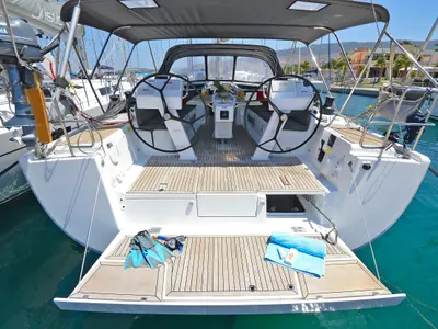 Cockpit of Kimi, a Hanse 505 sailboat at Kos, Greece