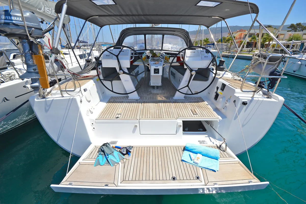 Cockpit of Kimi, a Hanse 505 sailboat at Kos, Greece