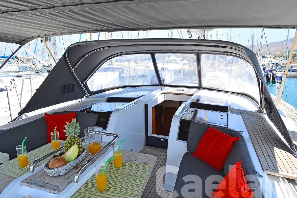Deck of Kimi, a Hanse 505 sailboat at Kos, Greece