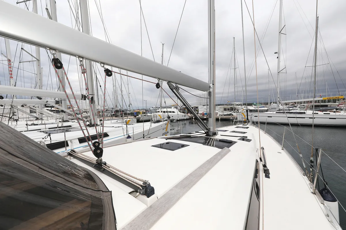 Deck of Sylke, a Dufour 460 GL sailboat at Grad Biograd na Moru, Croatia