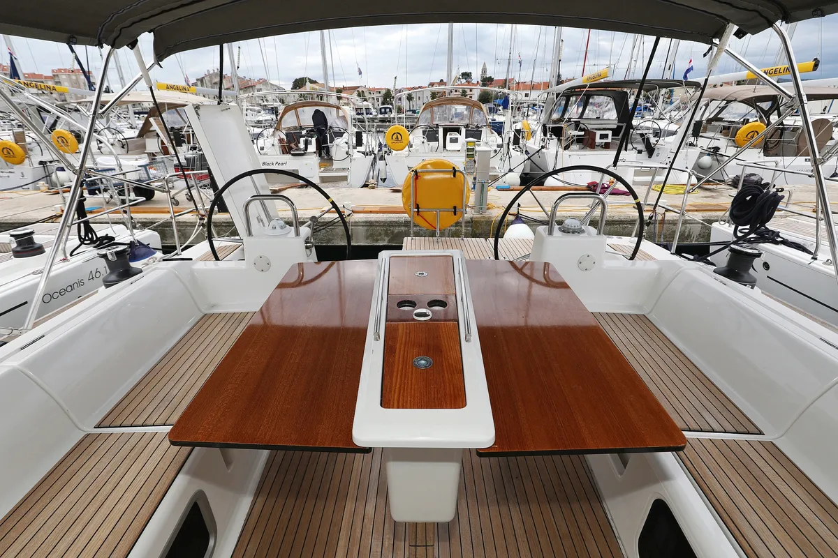 Deck of Sylke, a Dufour 460 GL sailboat at Grad Biograd na Moru, Croatia