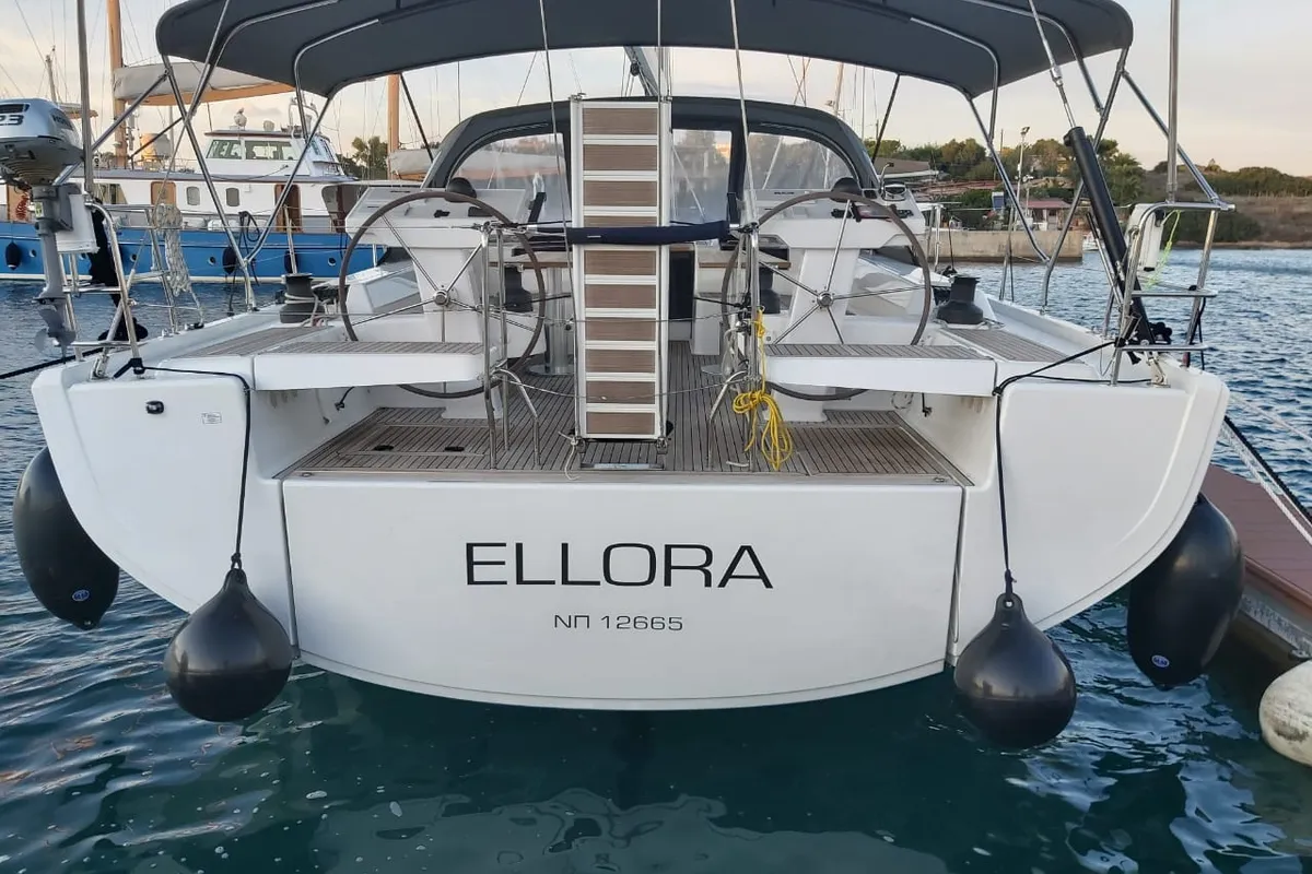 Exterior view of Ellora, a Hanse 548 sailboat at Lavrion, Greece