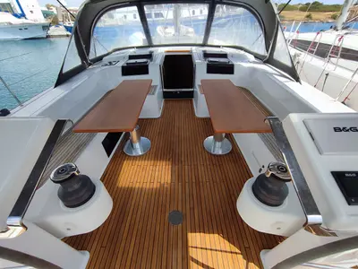 Deck of Ellora, a Hanse 548 sailboat at Lavrion, Greece