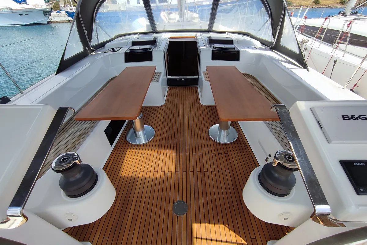 Deck of Ellora, a Hanse 548 sailboat at Lavrion, Greece