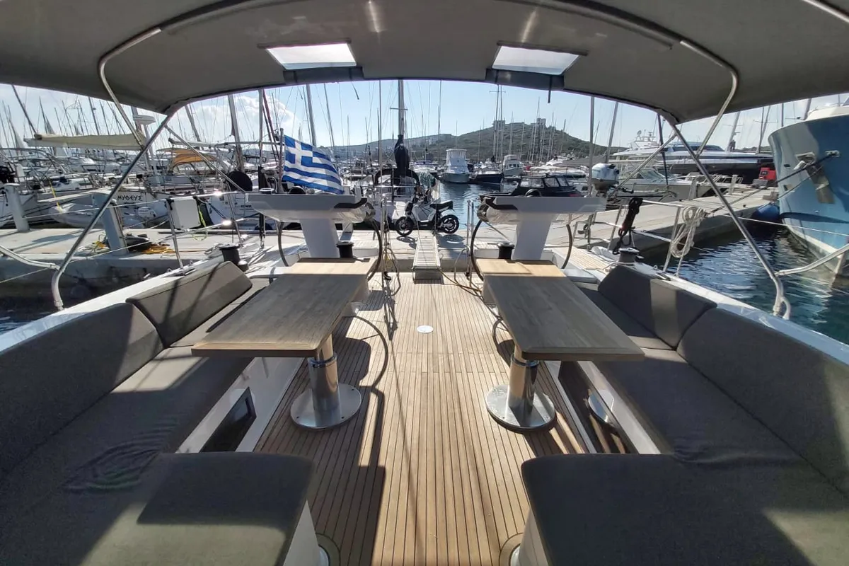 Deck of Ellora, a Hanse 548 sailboat at Lavrion, Greece