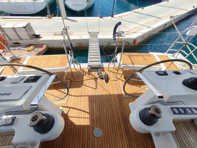 Cockpit of Ellora, a Hanse 548 sailboat at Lavrion, Greece
