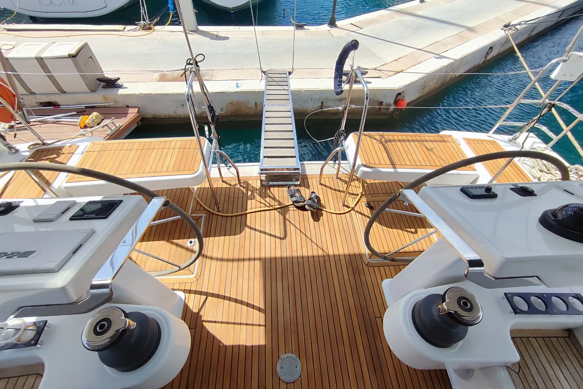Cockpit of Ellora, a Hanse 548 sailboat at Lavrion, Greece