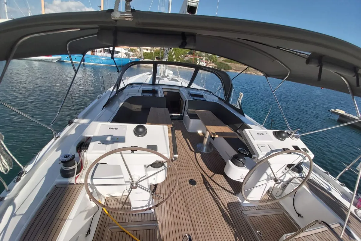 Cockpit of Ellora, a Hanse 548 sailboat at Lavrion, Greece