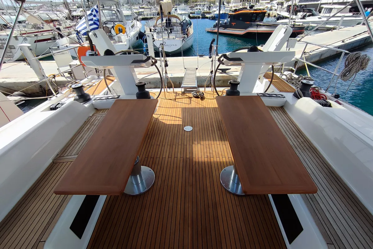Deck of Ellora, a Hanse 548 sailboat at Lavrion, Greece