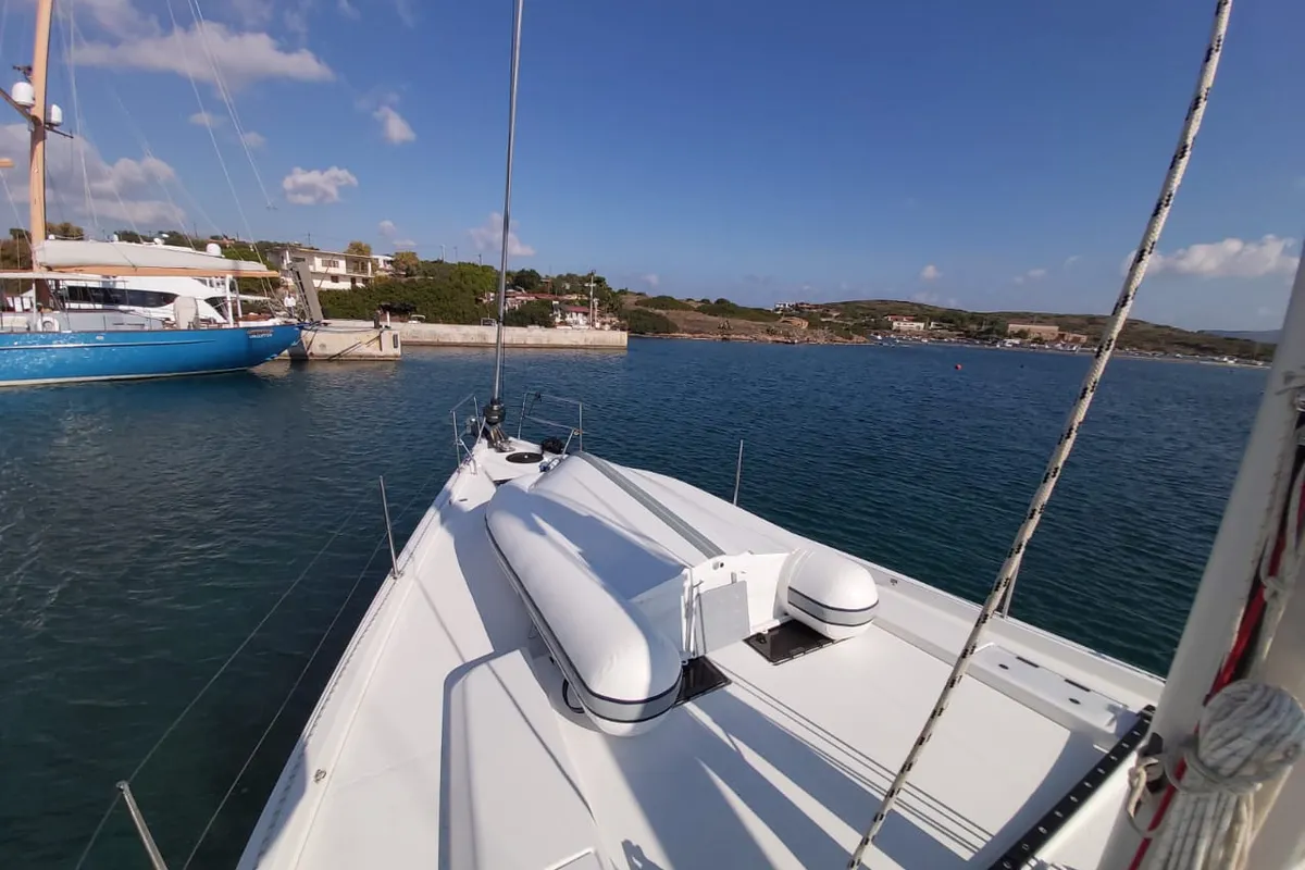 Exterior view of Ellora, a Hanse 548 sailboat at Lavrion, Greece