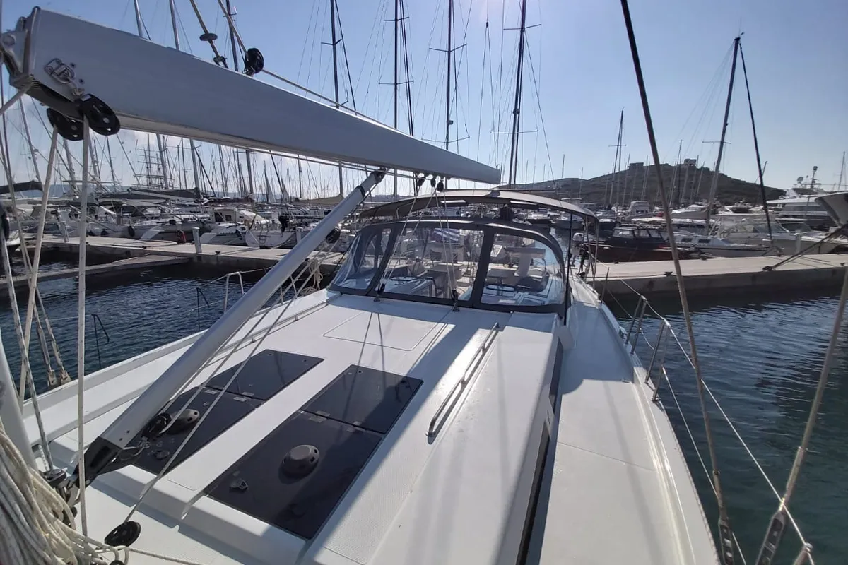 Exterior view of Ellora, a Hanse 548 sailboat at Lavrion, Greece