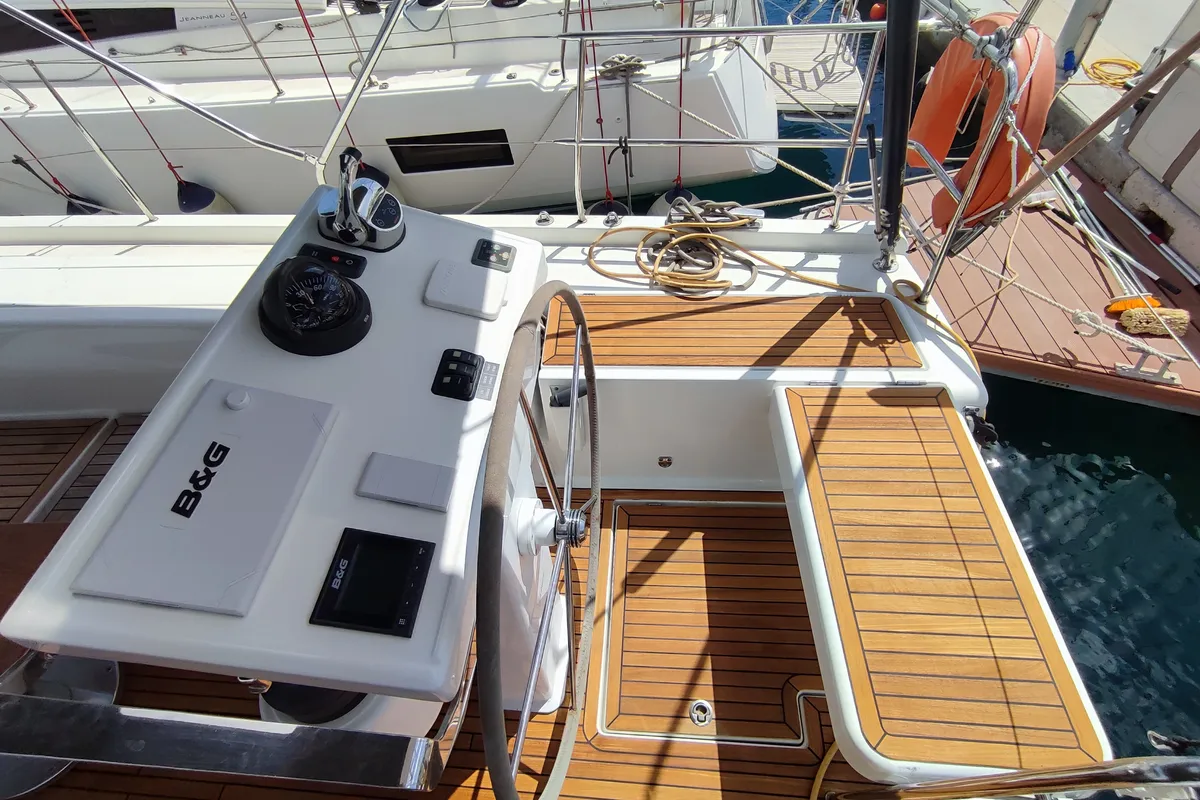 Cockpit of Ellora, a Hanse 548 sailboat at Lavrion, Greece