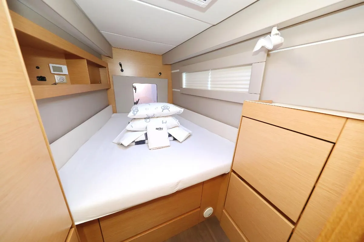 Cabin on Alphabeta, a Nautitech 46 Fly catamaran at Grad Pula, Croatia
