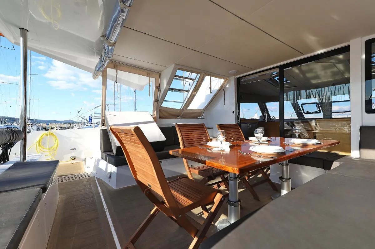 Deck of Alphabeta, a Nautitech 46 Fly catamaran at Grad Pula, Croatia