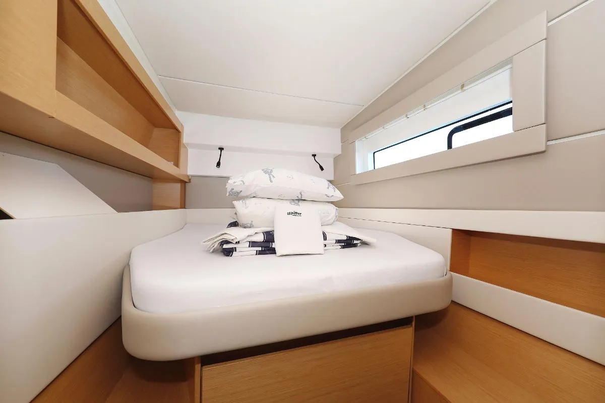 Cabin on Alphabeta, a Nautitech 46 Fly catamaran at Grad Pula, Croatia