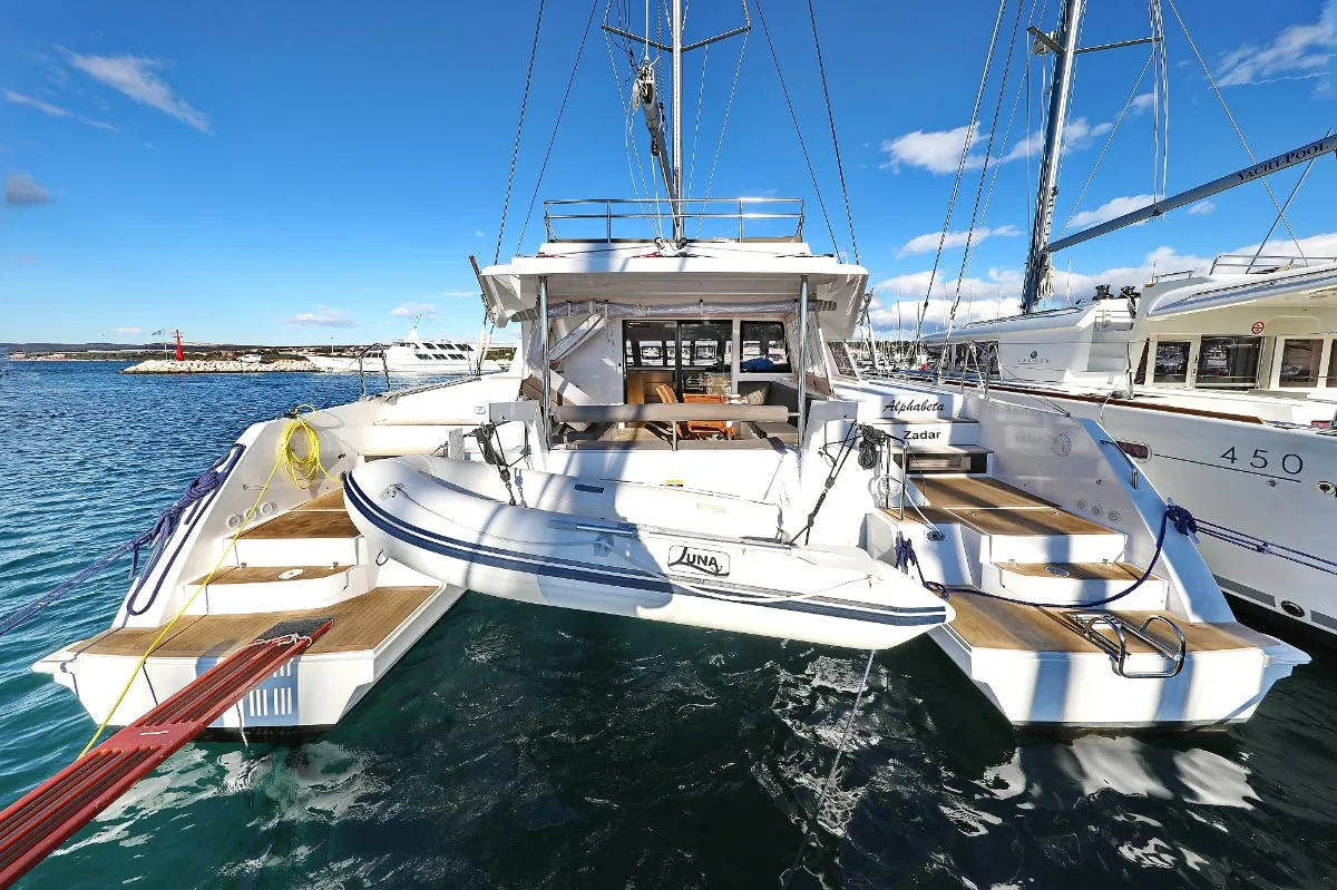 Exterior view of Alphabeta, a Nautitech 46 Fly catamaran at Grad Pula, Croatia