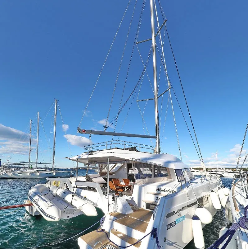 Exterior view of Alphabeta, a Nautitech 46 Fly catamaran at Grad Pula, Croatia