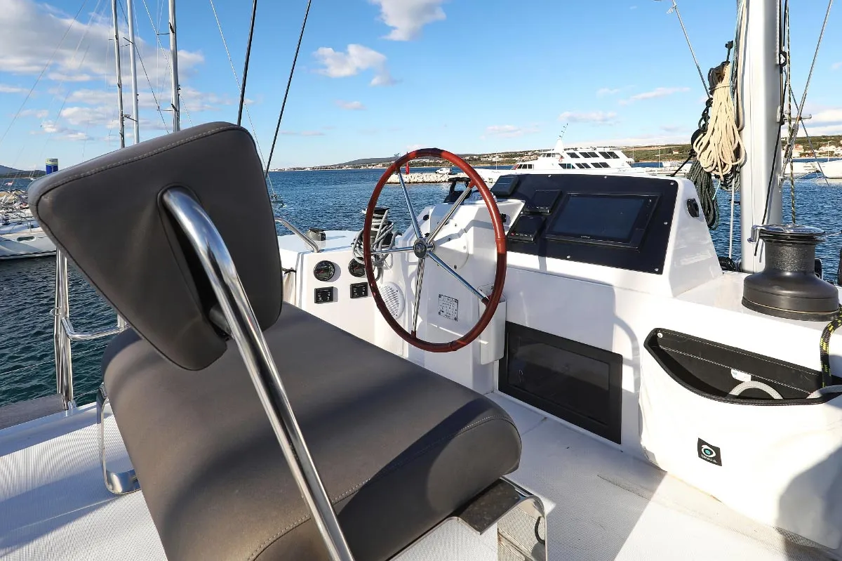 Cockpit of Alphabeta, a Nautitech 46 Fly catamaran at Grad Pula, Croatia
