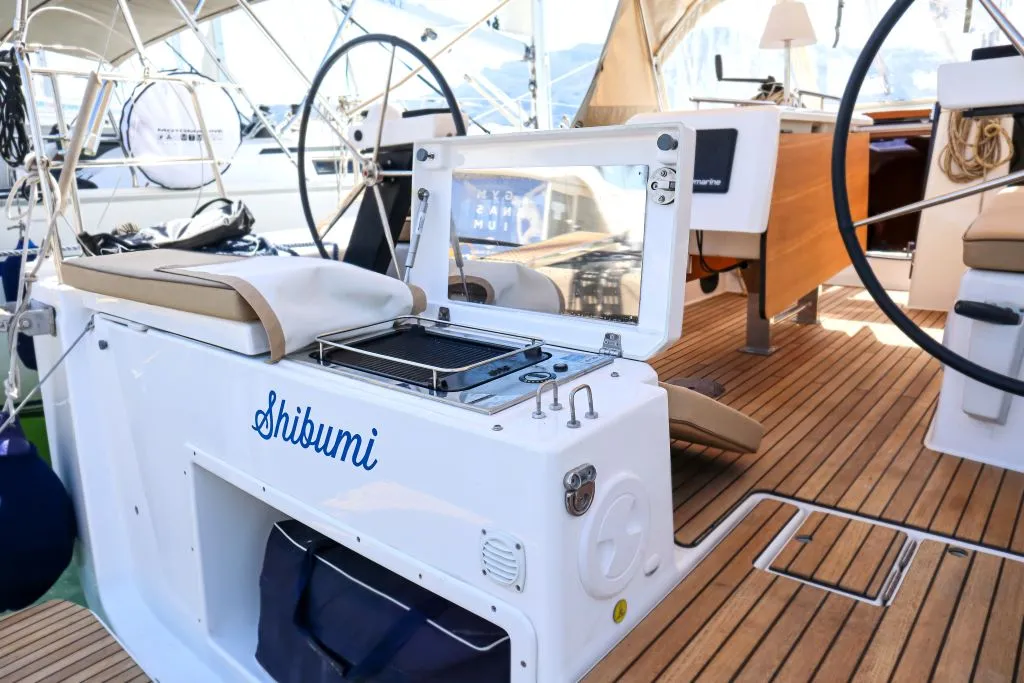 Cockpit of Shibumi, a Dufour 390 Grand Large sailboat at Castellammare di Stabia, Italy