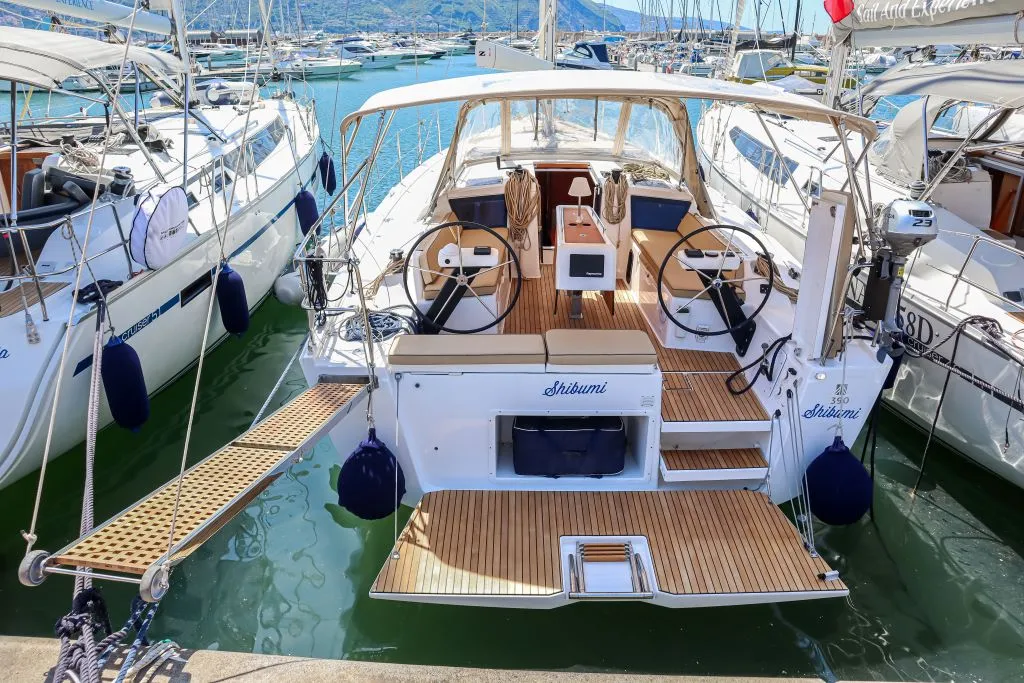 Exterior view of Shibumi, a Dufour 390 Grand Large sailboat at Castellammare di Stabia, Italy