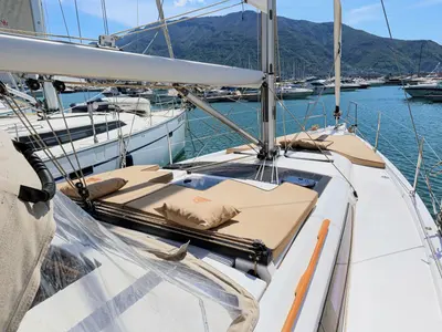 Deck of Shibumi, a Dufour 390 Grand Large sailboat at Castellammare di Stabia, Italy